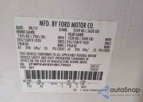 2017 Ford Edge Titanium z USA, uszkodzony, nr VIN 2FMPK4K8XHBC70023